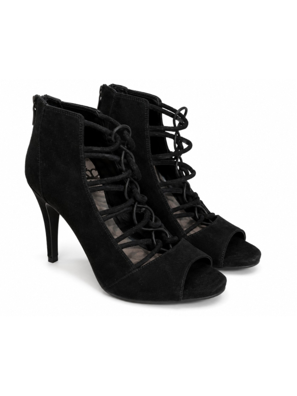 Fergie Fergalicious Black Lace Up Zip Peep Toe Ankle Booties Heels Size 10 NWOB